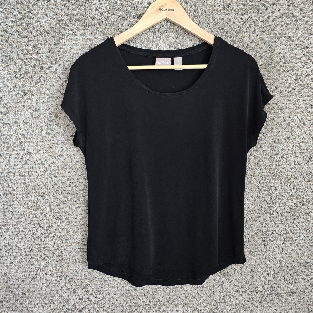 Chicos‎ Top Womens 0 US Small Black Scoop Neck Cap Sleeve Tee Casual Ladies